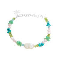 Bracelet 1874 in Silver with Mix: White freshwater pearl, light pink freshwater pearl, apatite, peridote, turquoise, chrysoprase