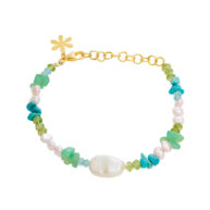Bracelet 1874 in Gold plated silver with Mix: White freshwater pearl, light pink freshwater pearl, apatite, peridote, turquoise, chrysoprase