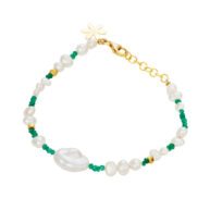Bracelet 1874 in Gold plated silver with Mix: White freshwater pearl, green agat