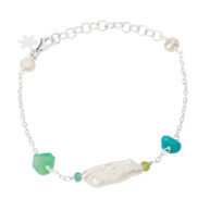 Bracelet 1877 in Silver with Mix: White freshwater pearl, light pink freshwater pearl, apatite, peridote, turquoise, chrysoprase