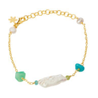 Bracelet 1877 in Gold plated silver with Mix: White freshwater pearl, light pink freshwater pearl, apatite, peridote, turquoise, chrysoprase