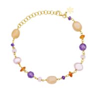 Bracelet 1901 in Gold plated silver with Mix: amethyst, coloured freshwater pearls, carnelian, peach moonstone, rose quartz 20 cm