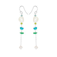 Earrings 5642 in Silver with Mix: White freshwater pearl, light pink freshwater pearl, apatite, peridote, turquoise, chrysoprase