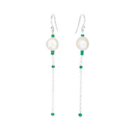 Earrings 5642 in Silver with Mix: White freshwater pearl, green agat