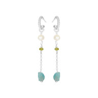 Earrings 5643 in Silver with Mix: White freshwater pearl, peridote, apatite