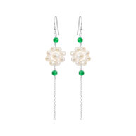 Earrings 5667 in Silver with Mix: White freshwater pearl, green agat
