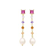 Earrings 5695 in Gold plated silver with Mix: amethyst, white freshwater pearl, carnelian, peach moonstone, pink zirconia, rose quartz