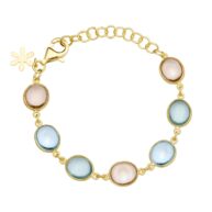 Bracelet 982 in Gold plated silver with Mix: green quartz, morganite crystal, synthetic blue topaz